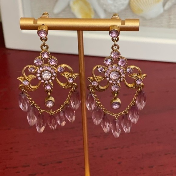 VTG Fashion Jewelry Gold Tone Purple Rhinestone Beaded Dangle Earrings # 220 - Picture 3 of 5